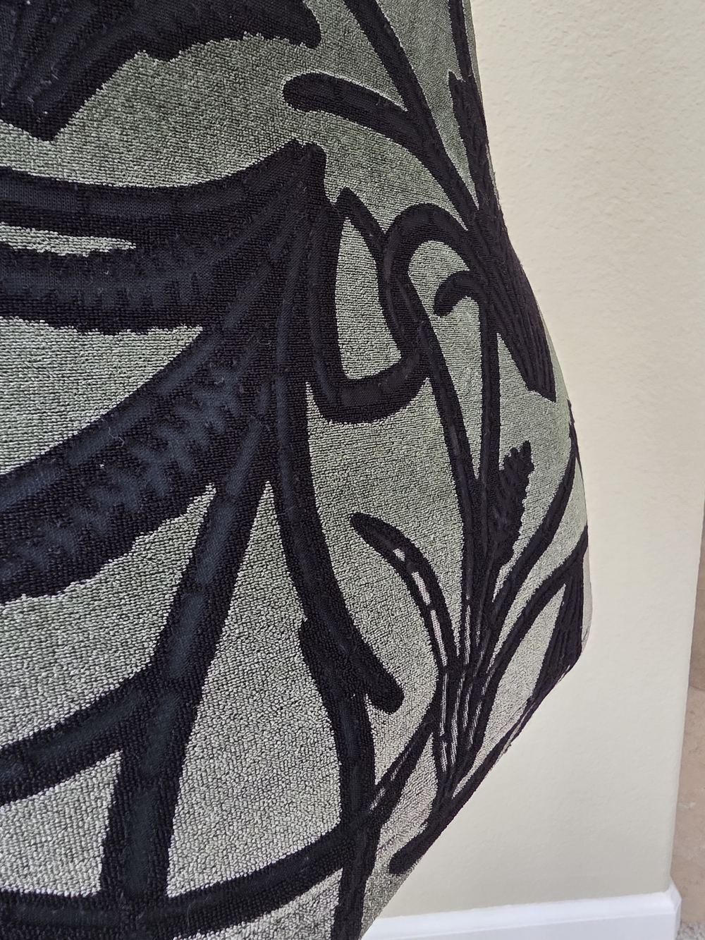 Women’s Olive Green Short-Sleeve Mock Neck Top with Black Velvet Flocked Pattern - Picture 5 of 7